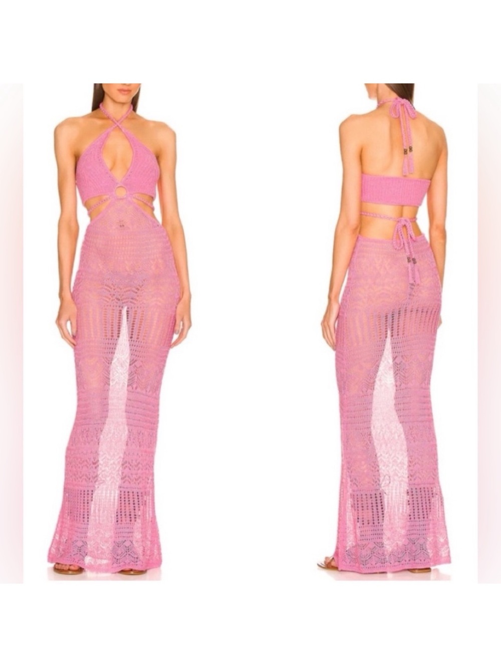 DUNDAS X REVOLVE Maia Maxi Dress in Pink Crochet Halter Small